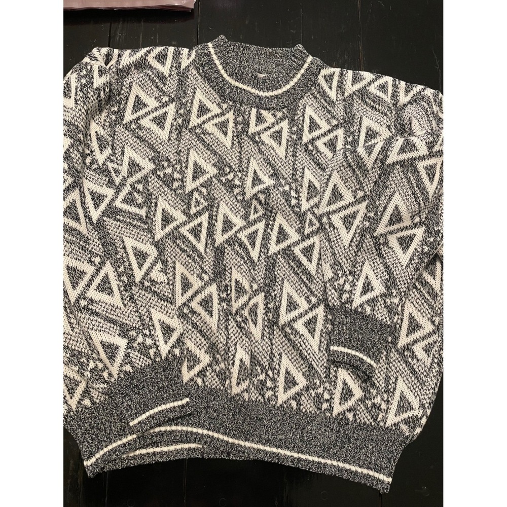 Michael Gerald Mens Geometric Print Sweater Mock Neck Long Sleeve Black White XL